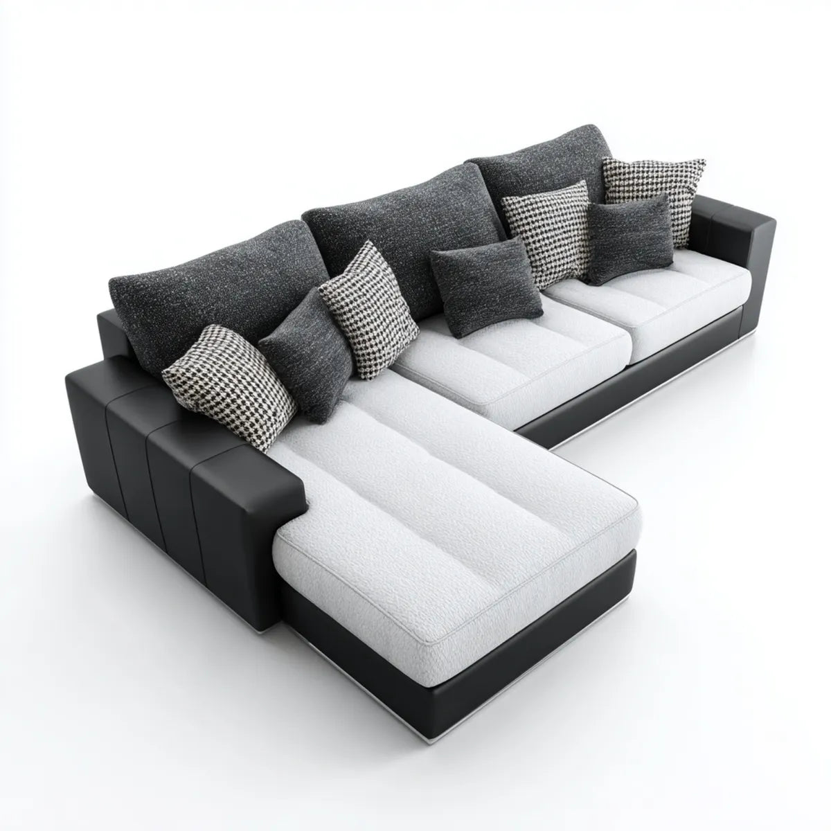Canapé d'angle avec méridienne gauche 4 places noir gris clair et gris foncé 300 x 170 cm en similicuir PU et polyester