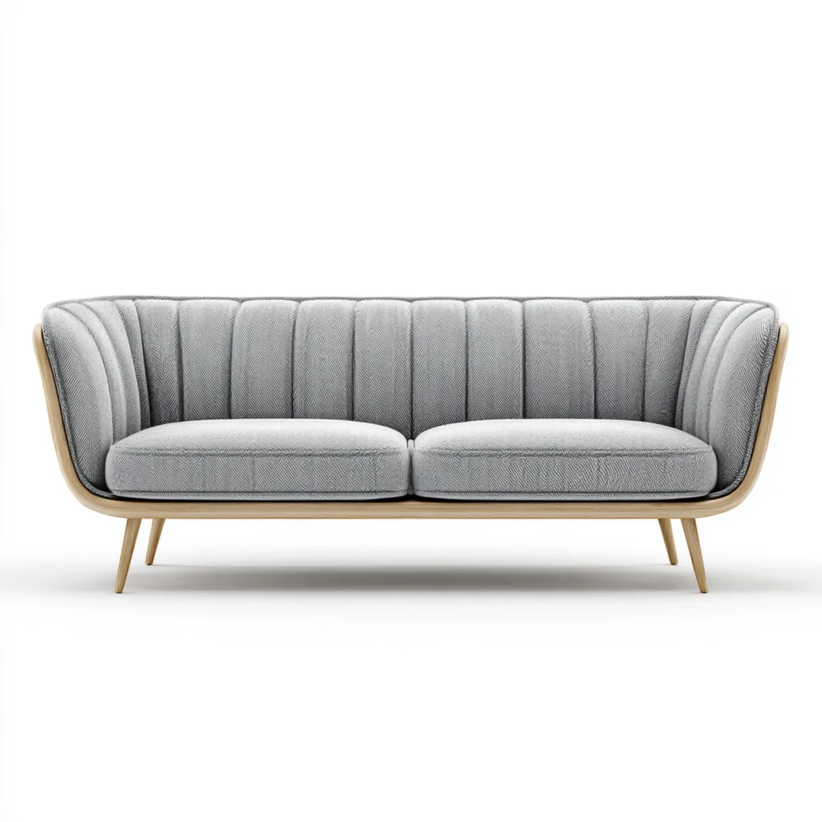 Canapé 2 places gris en polyester et bois d'hévéa forme arrondie 180 x 78 x 82 cm