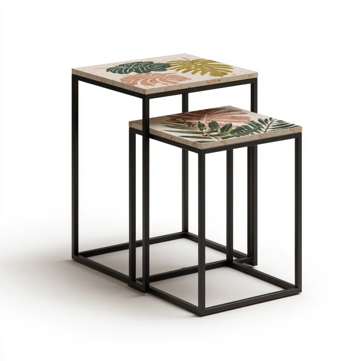Lot de 2 tables d'appoint carrées beige imprimé feuillage avec structure en acier noir 50 x 50 x 55 cm et 40 x 40 x 45 cm