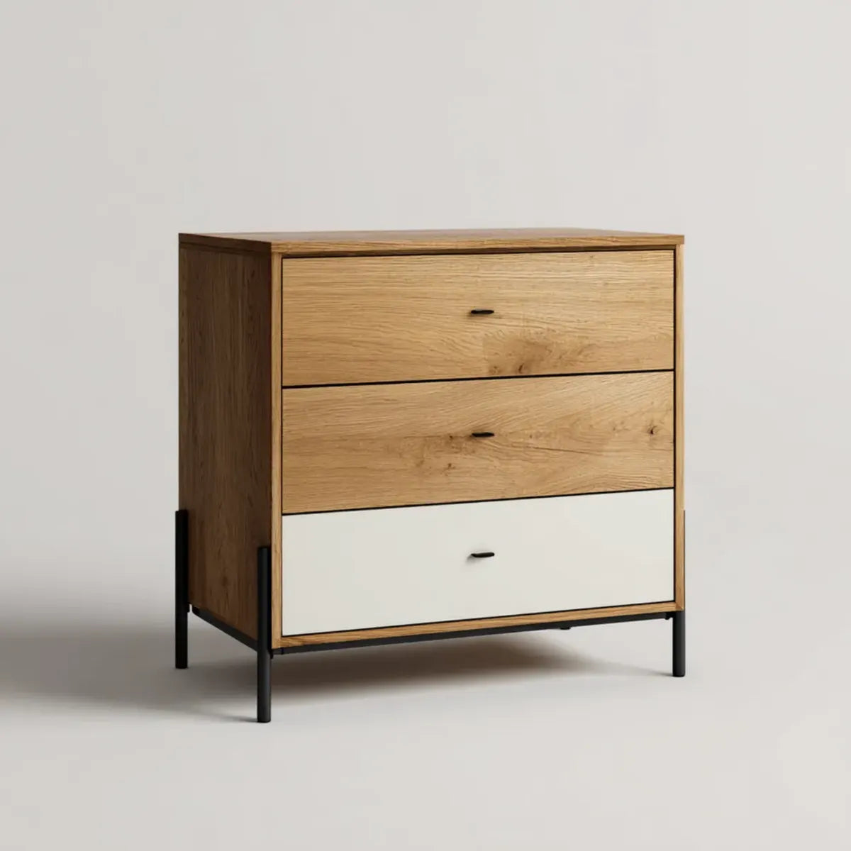 Commode 3 tiroirs chêne naturel et blanc 80 x 40 x 95 cm en MDF plaqué chêne rectangulaire