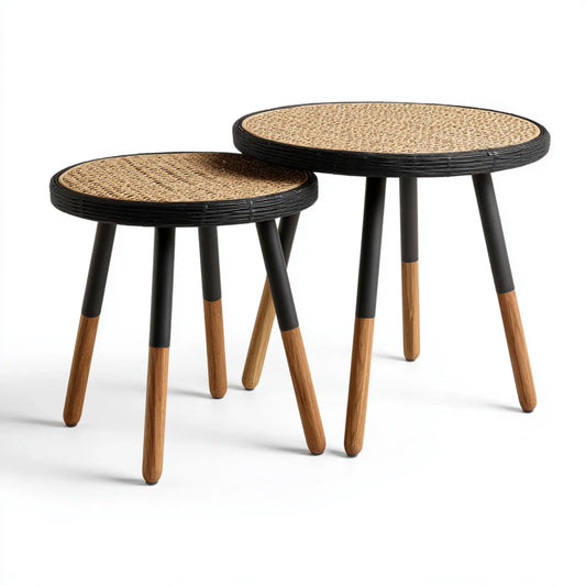 Lot de 2 tables d'appoint rondes noir naturel Ø 50 x 45 cm et Ø 60 x 55 cm en rotin tressé et bois massif