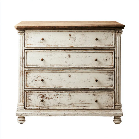 Commode 4 tiroirs blanc vieilli et brun 100 x 45 x 100 cm en bois massif rectangulaire