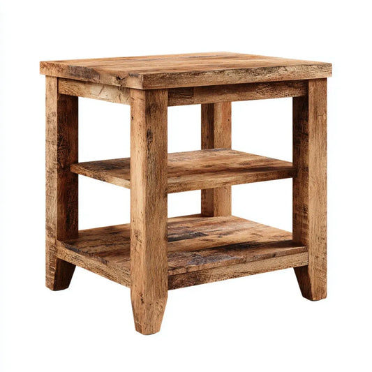 Table d'appoint carrée marron 45 x 45 x 45 cm en bois massif de récupération avec 2 étagères
