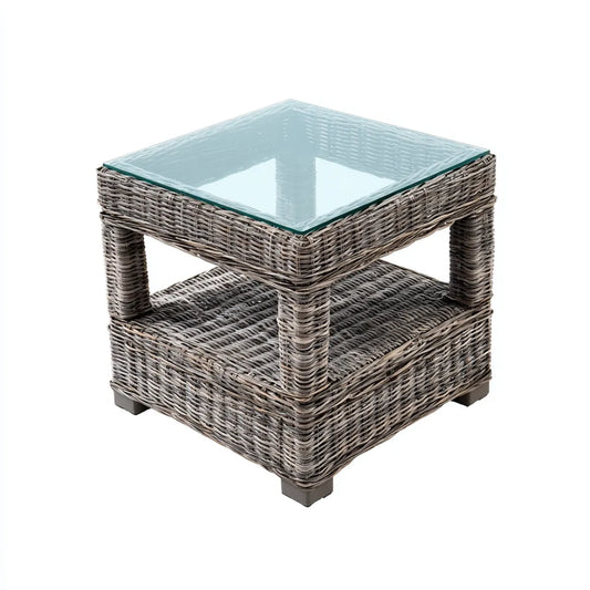Table d'appoint carrée grise en osier tressé avec verre trempé 50 x 50 x 50 cm