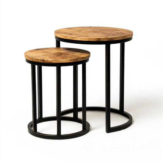 Lot de 2 tables d'appoint rondes marron et noir en bois massif de manguier et acier 50 x 50 x 55 cm et 40 x 40 x 45 cm