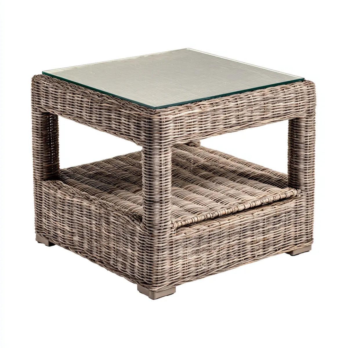 Table d'appoint carrée gris taupe en rotin naturel avec plateau en verre trempé 60 x 60 x 50 cm