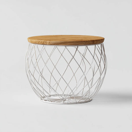 Table d'appoint ronde naturelle et blanche en bois massif de manguier et acier 50 x 50 x 45 cm