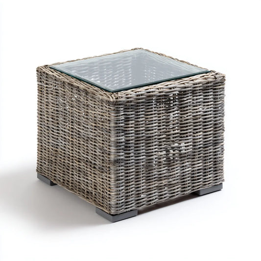 Table d'appoint carrée grise 50 x 50 x 45 cm en rotin naturel et verre trempé