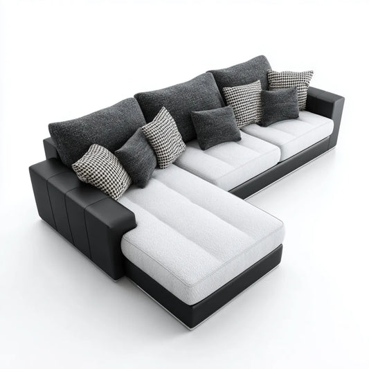 Canapé d'angle avec méridienne gauche 4 places noir gris clair et gris foncé 300 x 170 cm en similicuir PU et polyester