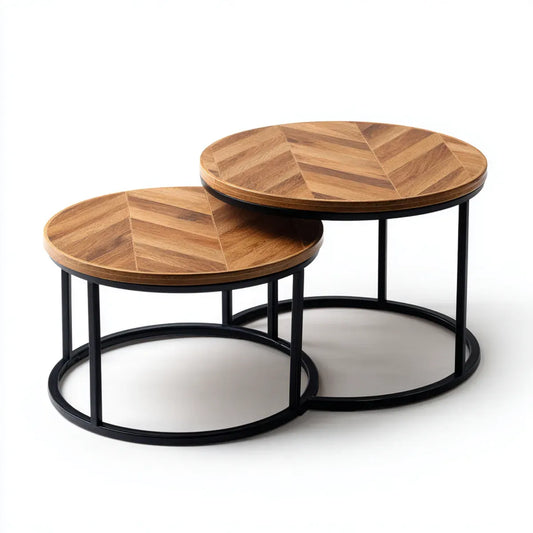 Lot de 2 tables d'appoint rondes marron et noir en MDF décor chêne et acier 80 x 80 x 45 cm et 60 x 60 x 38 cm