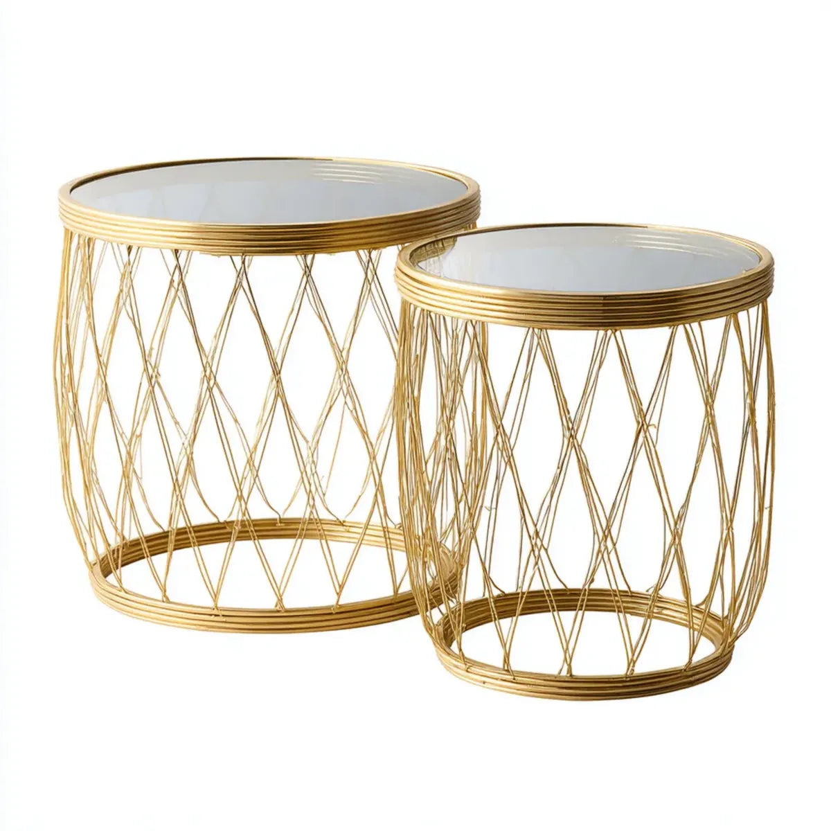 Lot de 2 tables d'appoint rondes dorées en acier et verre Ø 45 cm et Ø 40 cm
