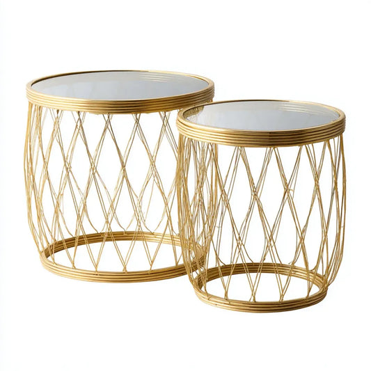 Lot de 2 tables d'appoint rondes dorées en acier et verre Ø 45 cm et Ø 40 cm