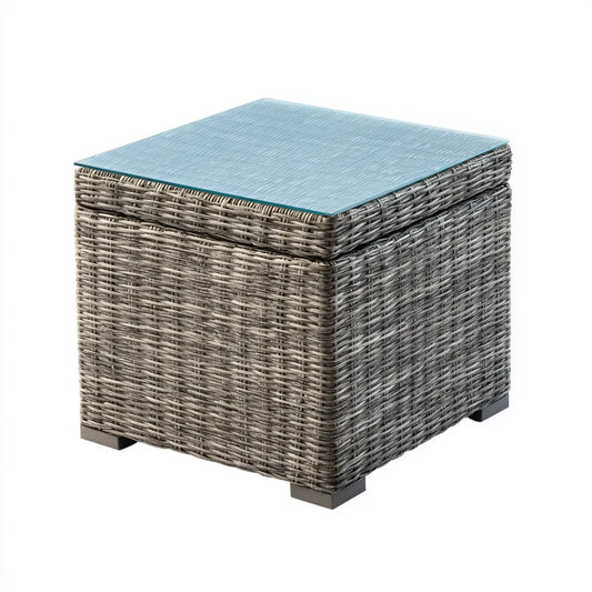 Table d'appoint carrée gris tressage en polyéthylène verre trempé 50 x 50 x 45 cm