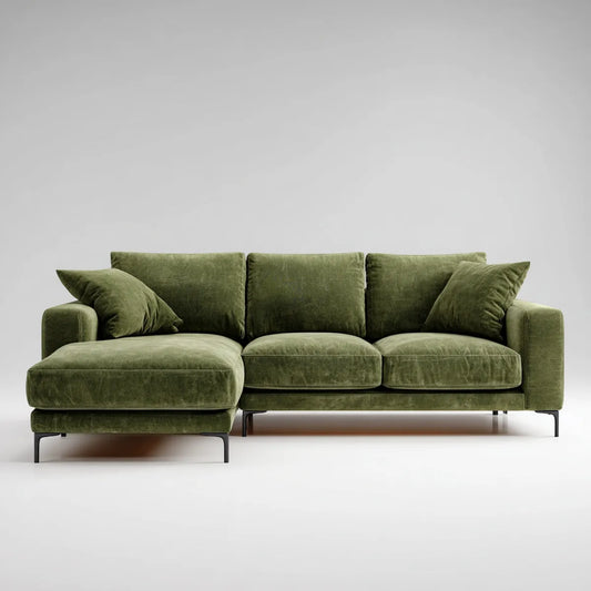 Canapé d'angle gauche 3 places vert olive 250 x 160 cm en velours de polyester forme L