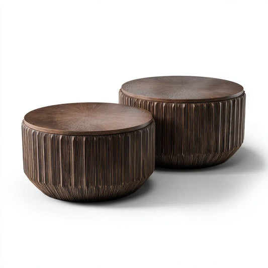 Lot de 2 tables d'appoint rondes brun foncé en MDF et rotin Ø 80 x 45 cm et Ø 70 x 40 cm