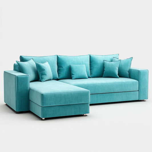 Canapé d'angle gauche 4 places turquoise en polyester effet velours 260 x 160 x 85 cm